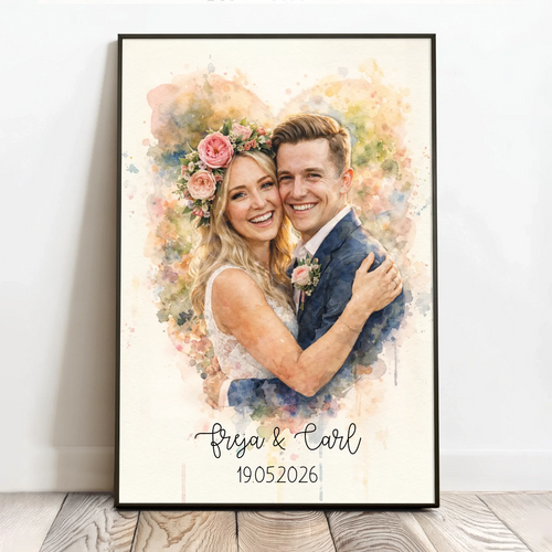 Personligt bryllupsposter Sammen med akvareleffekt, 40x60 cm, til par og jubilæum