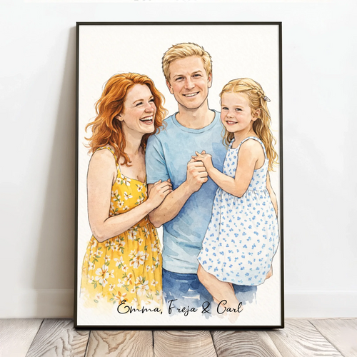Personlig familieplakat i akvarelstil med portræt af familie, 40x60 cm