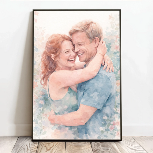 Personlig familieplakatplakat med bløde akvarelfarver i pastellyellow og blå – 40x60 cm