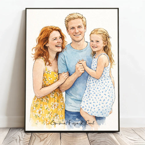 Personlig familieplakat i akvarelstil med portræt af familie, 40x60 cm – Motiv 2